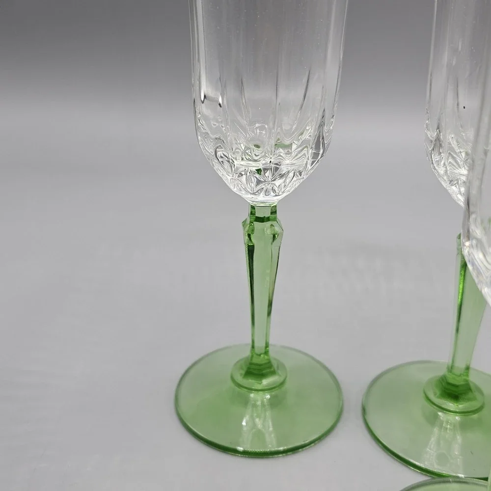 Vintage 90's St George Crystal Glendale Champagne Flutes Set Of‎ 4 Green Stem